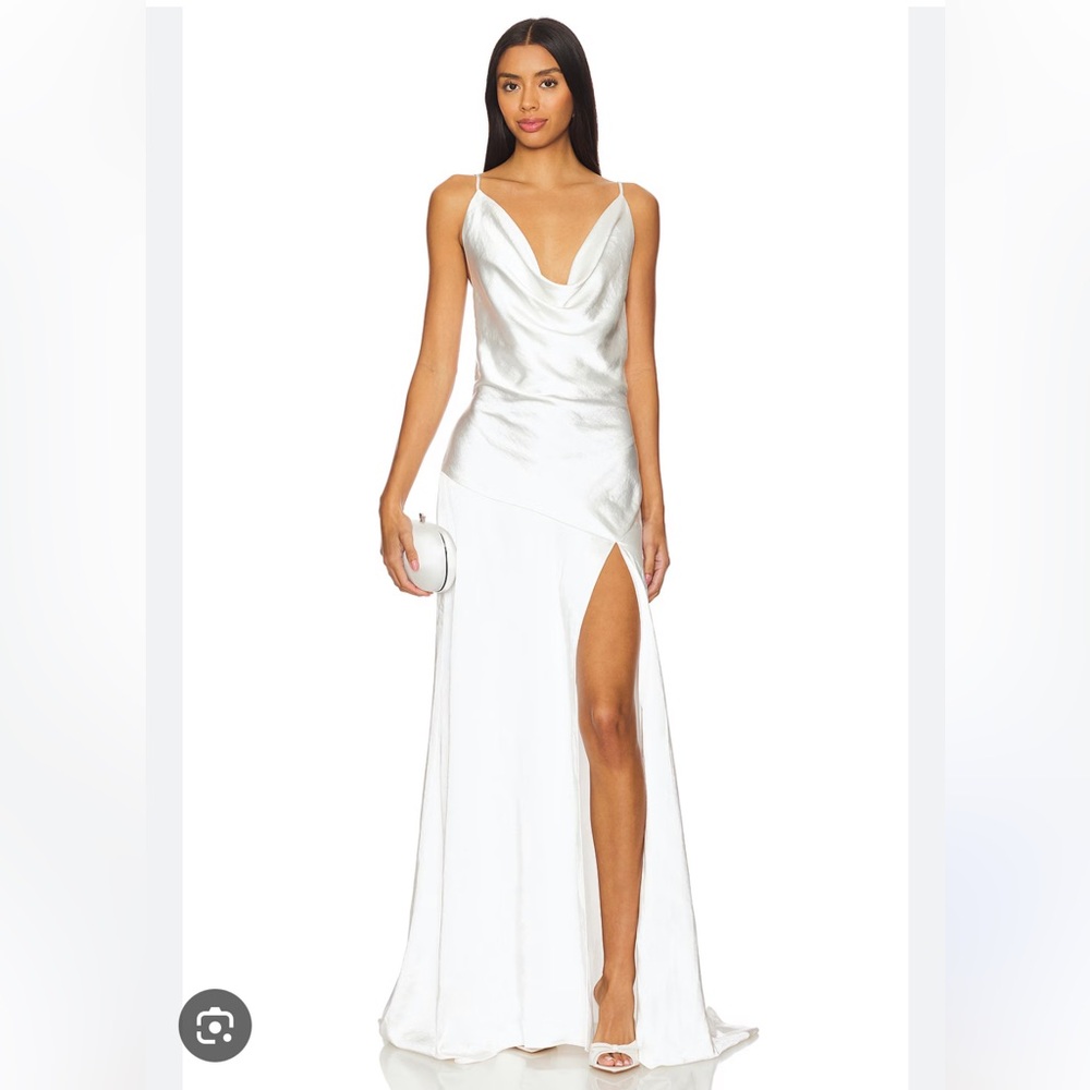 ELLIATT Revolve clementine maxi dress Elegant White Satin Gown high slit Med NWT